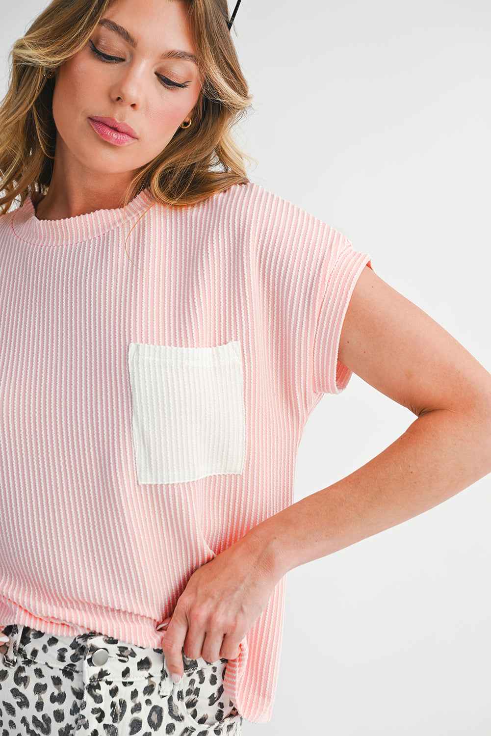 Light Blue Corded Colorblock Pocket Crew Neck T Shirt