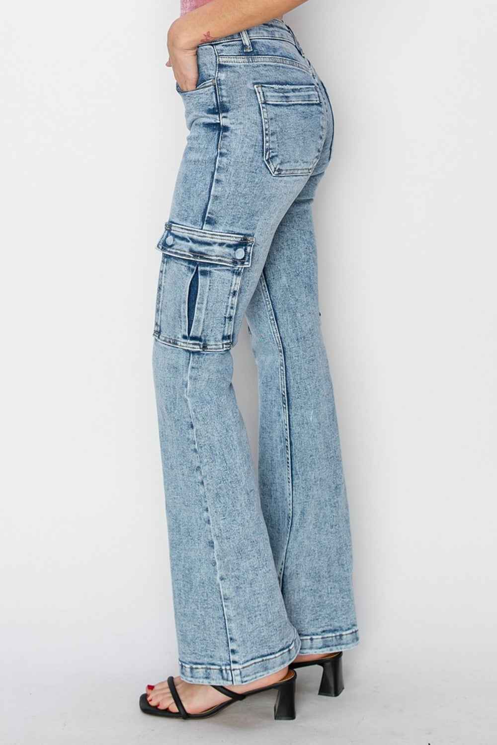 RISEN Full Size High Rise Cargo Flare Jeans
