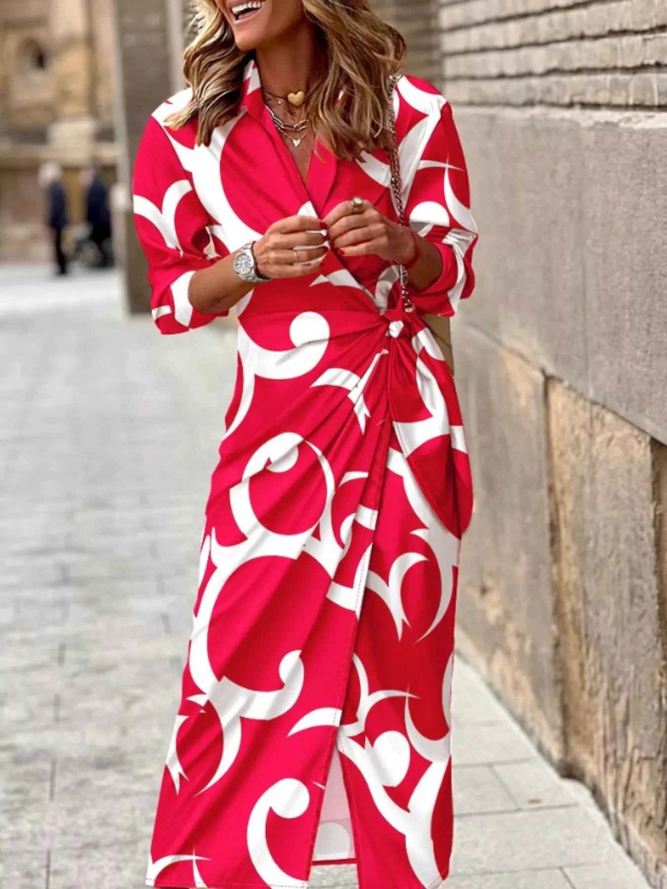 Printed Collared Neck Shirt Dress
