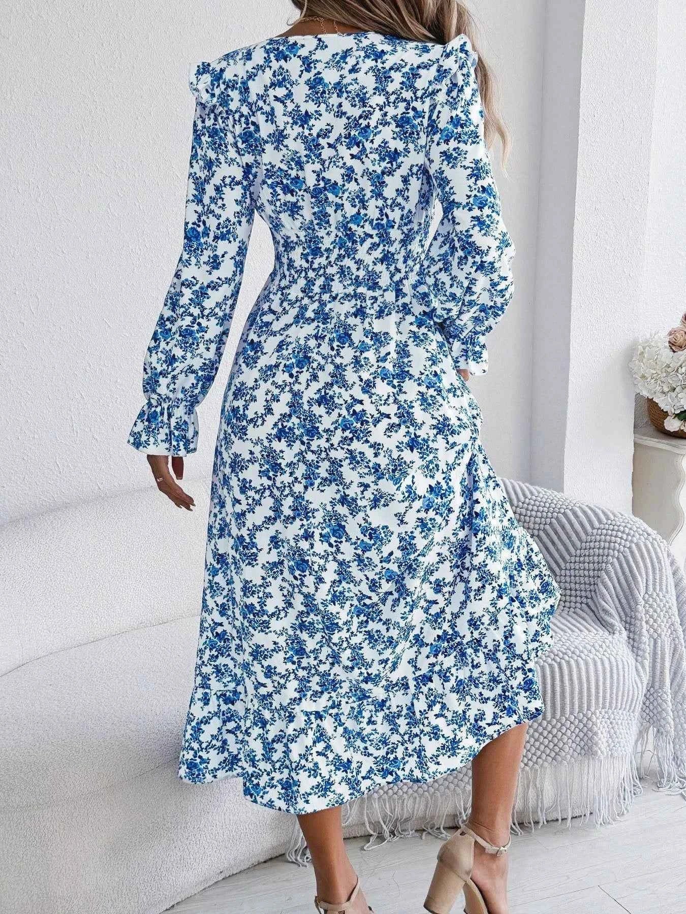 Ruffled Floral V-Neck Flounce Sleeve Dress