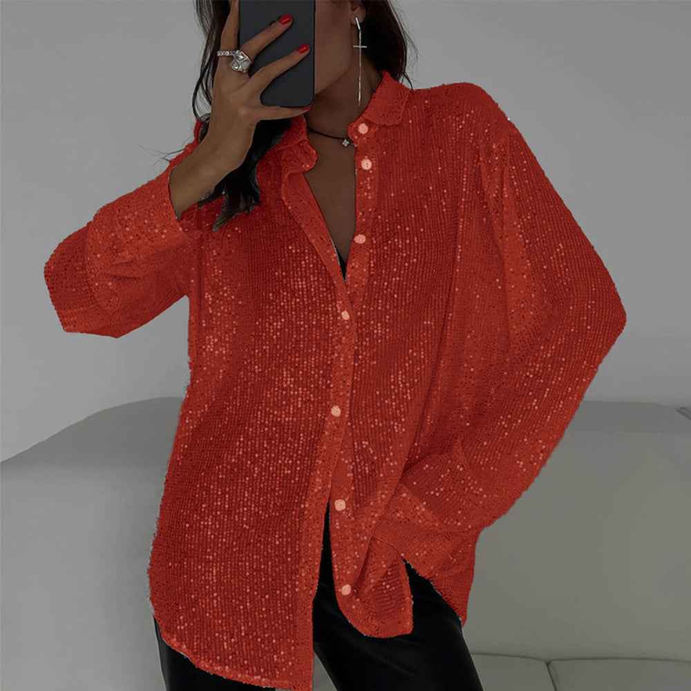 Elegant Women's Sequin Shirt - Stylish Long Sleeve Button-Up Blouse With Glitter Details, Perfect For Party & Casual To Formal Wear