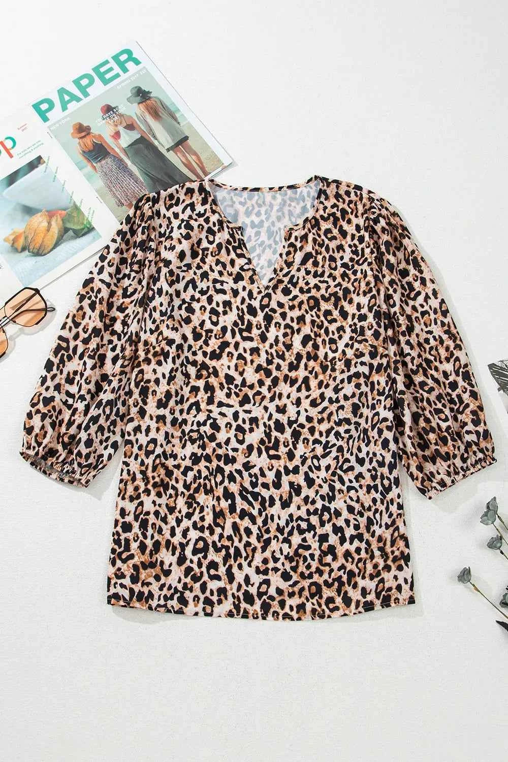 Leopard Notched Half Sleeve Blouse