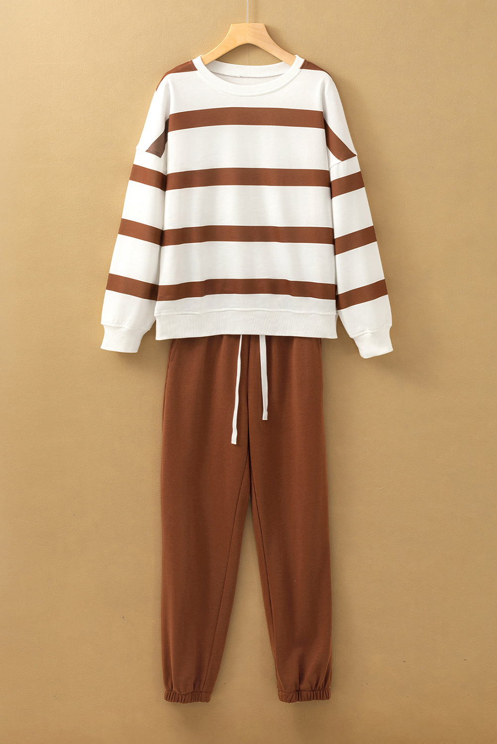 Light French Beige Striped Drop Shoulder Pullover and Joggers Set - The Eggy's store