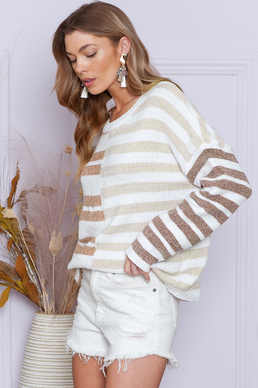 Color Block Drop Shoulder Pullover Striped Sweater Women's Top - The Eggy's store