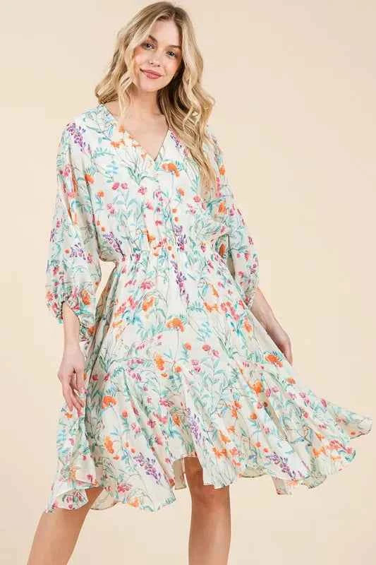 Lime 'N' Chili Floral Cinched Waist Balloon Sleeve V-Neck Dress