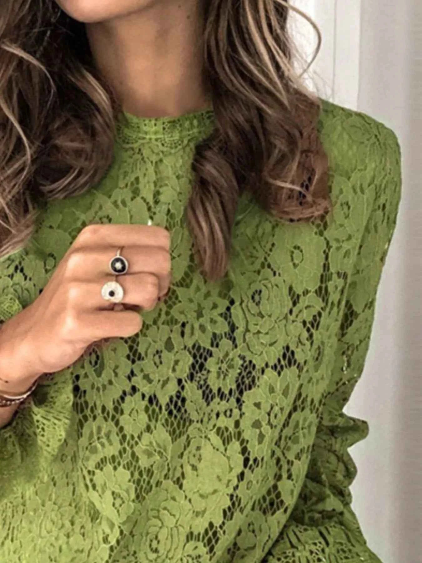 Plus Size Floral Lace Flounce Sleeve Blouse