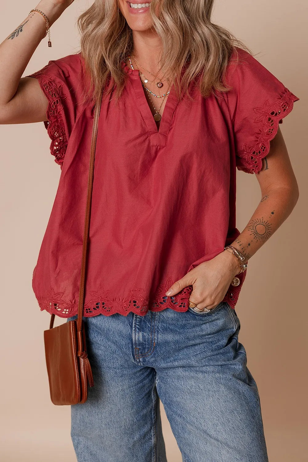 Floral Embroidered Scallop Trim Short Sleeve Notched Blouse - The Eggy's store