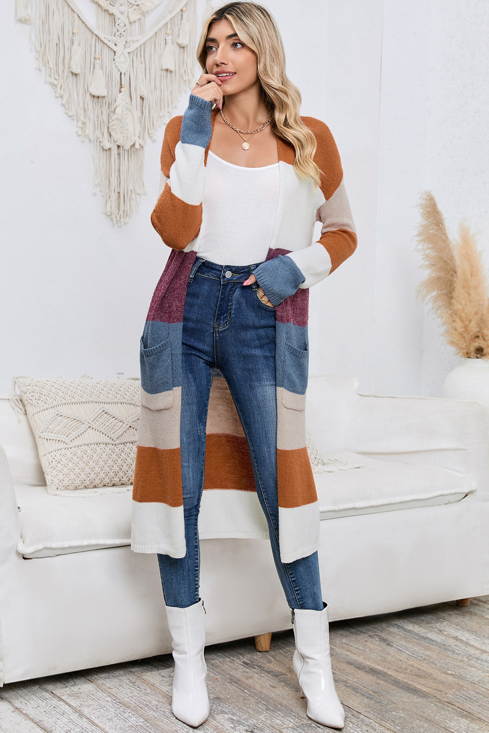 Multicolor Knitted Color Block Open Front Long Cardigan - The Eggy's store