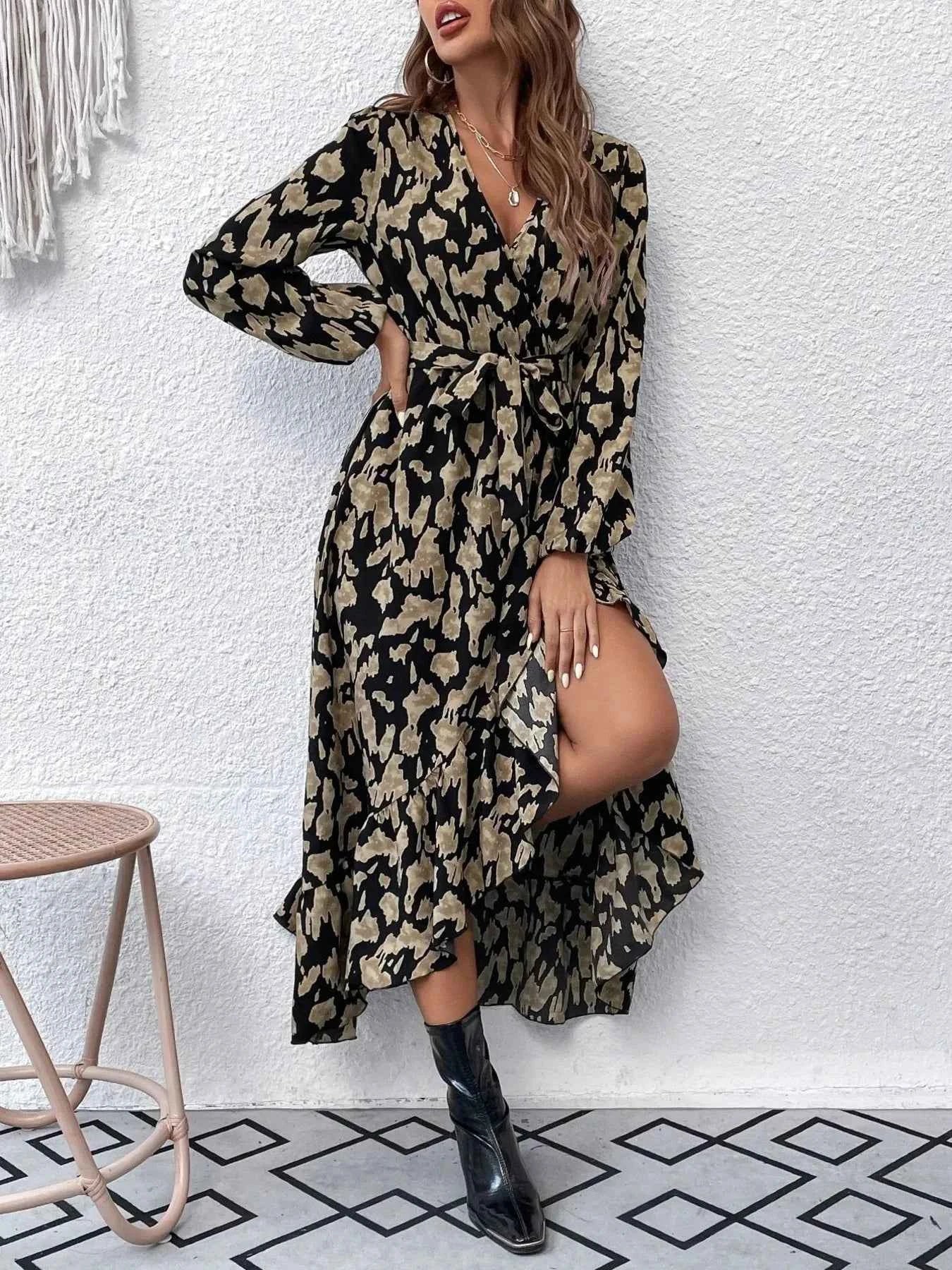 Leopard Surplice Balloon Sleeve Dress