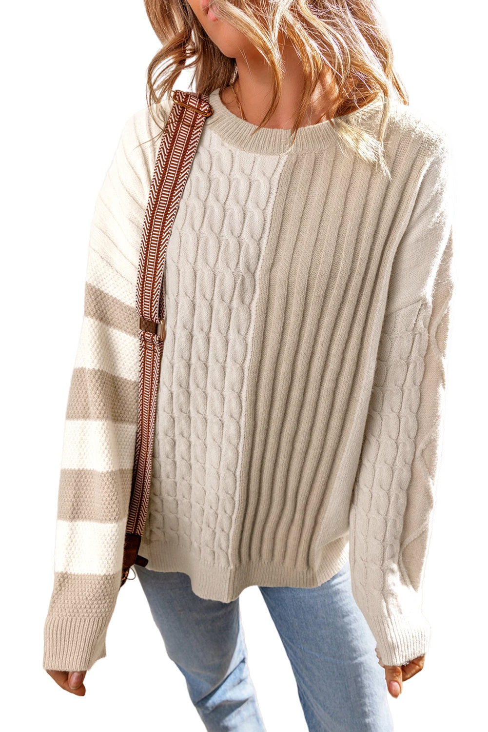 Khaki Cable Knit Colorblock Crew Neck Drop Shoulder Sweater - The Eggy's store