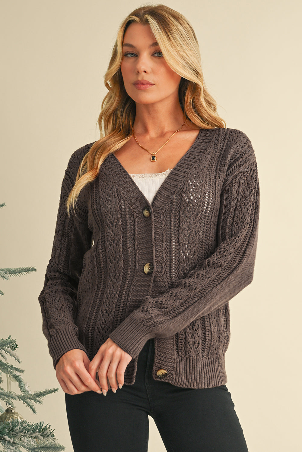 Dark Khaki Hollow Knit Drop Shoulder Cardigan - The Eggy's store