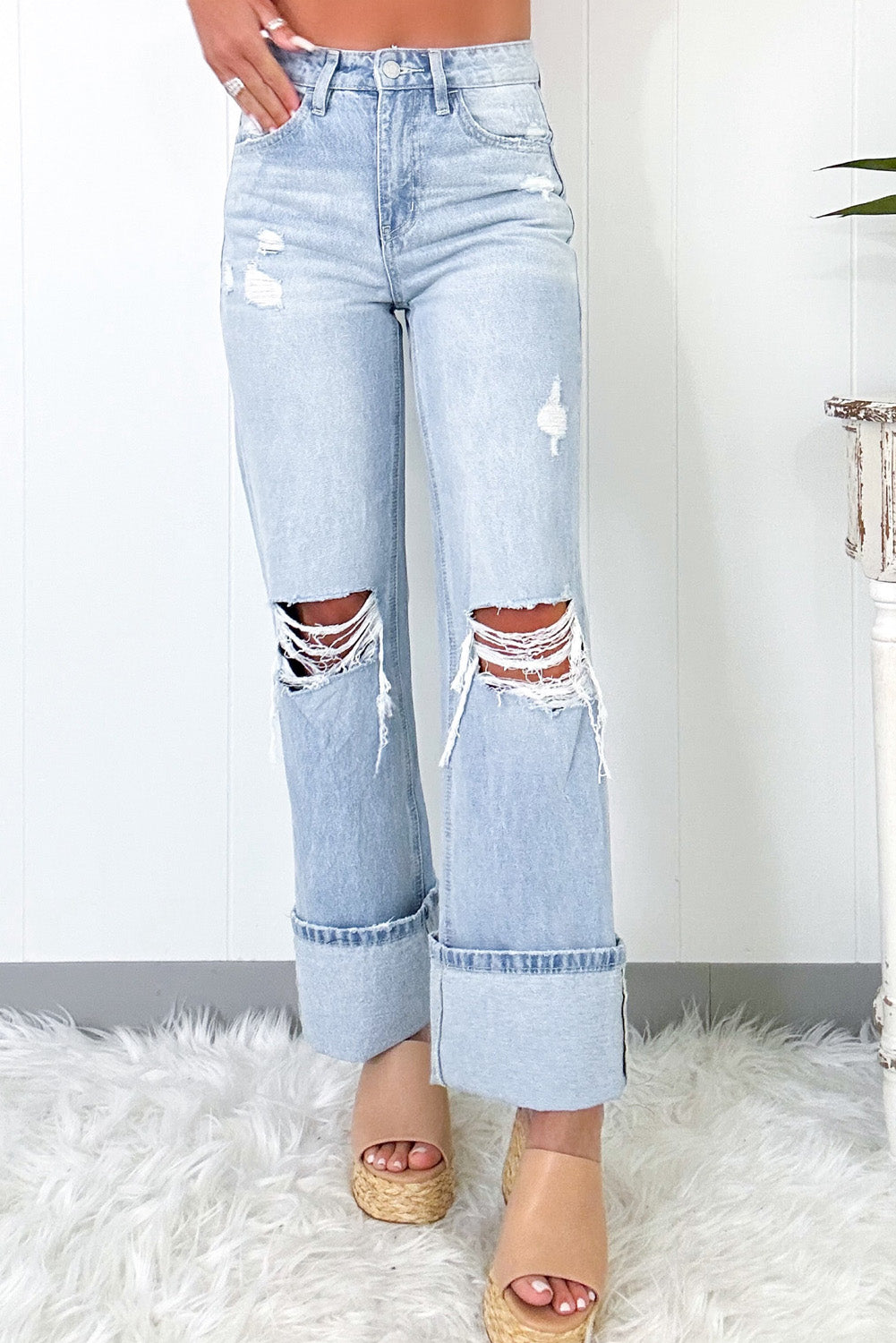 Beau Blue Light Wash Distressed Flare Jeans - The Eggy's store
