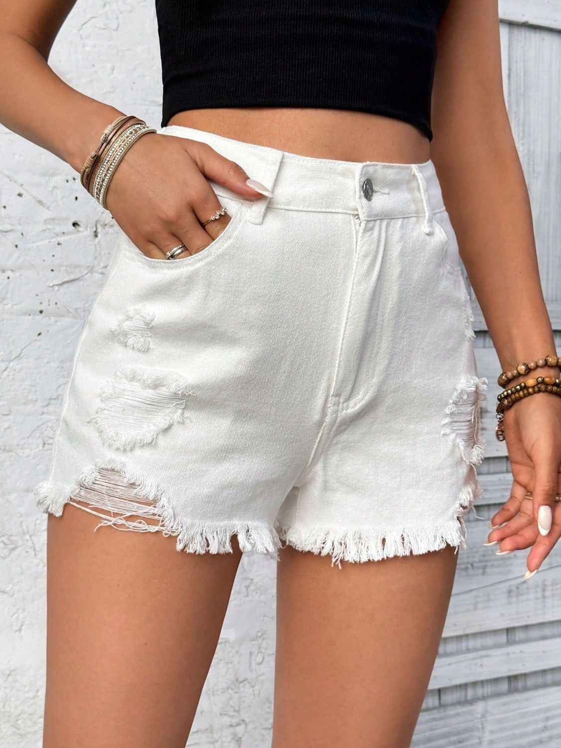 Distressed Raw Hem High Rise Denim Shorts