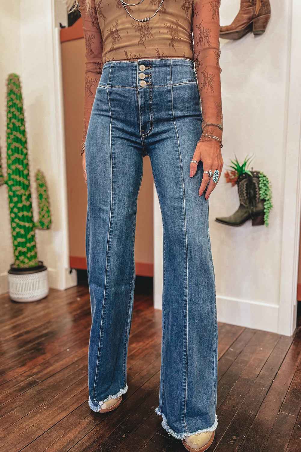 Sail Blue High Waist Jeans With Button Fly And Raw Hem