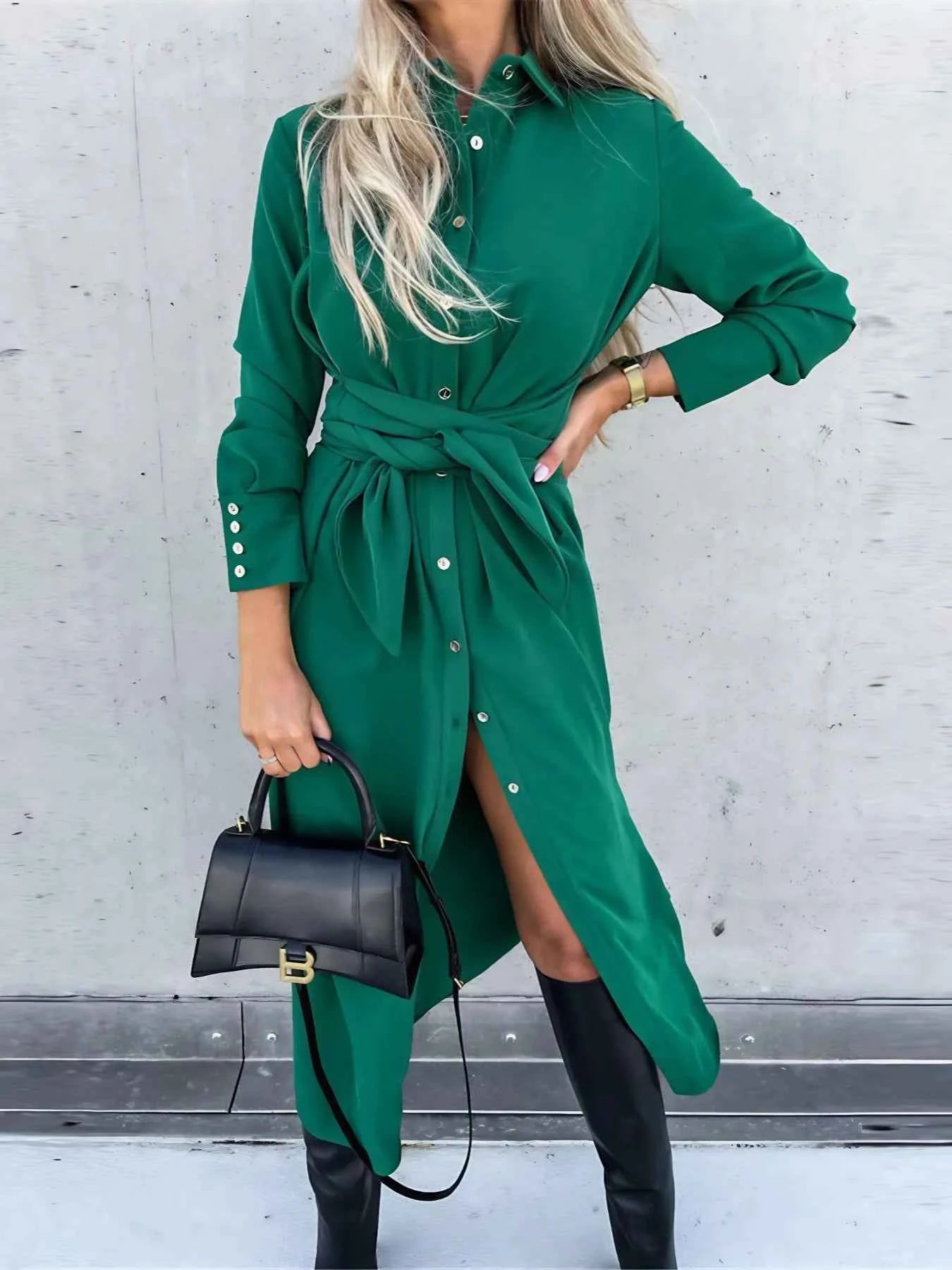 Button Front Long Sleeve Shirt Dress