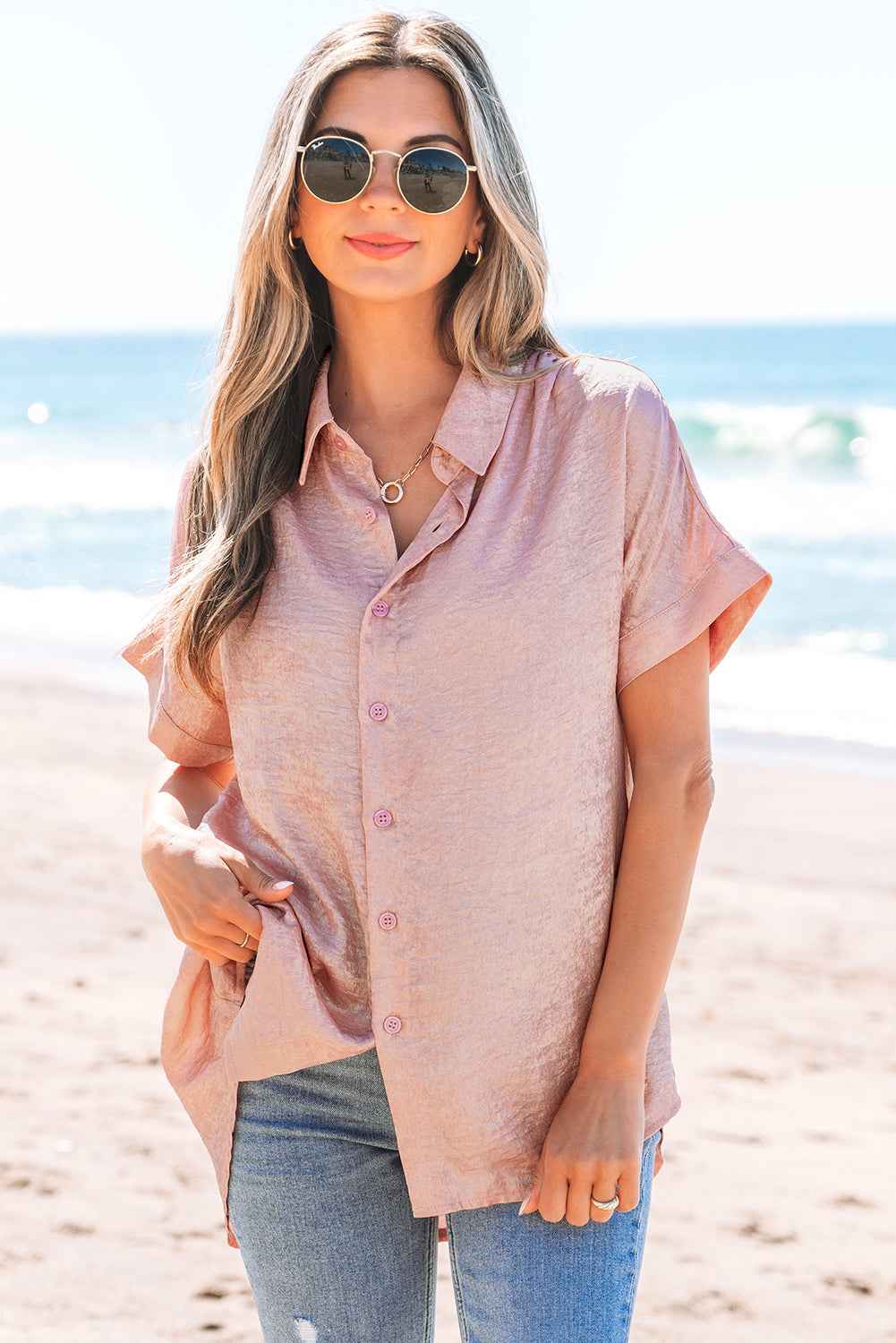 Kiana Metallic Buttoned Loose Fit Short Sleeve Shirt