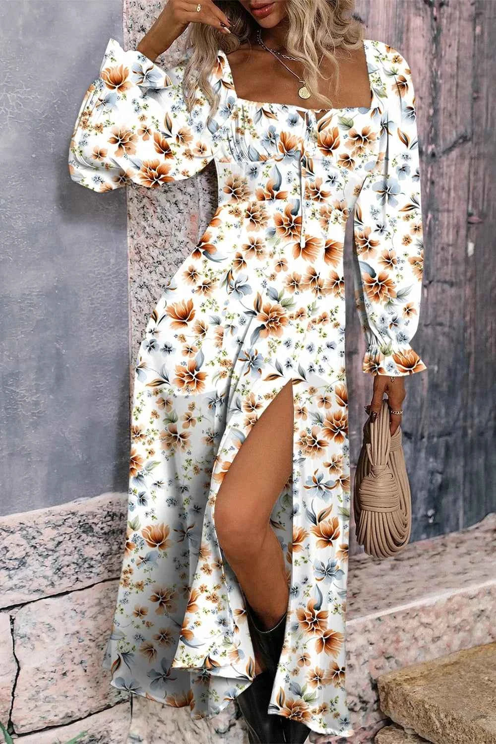 Floral Print Flounce Sleeve Midi Dress