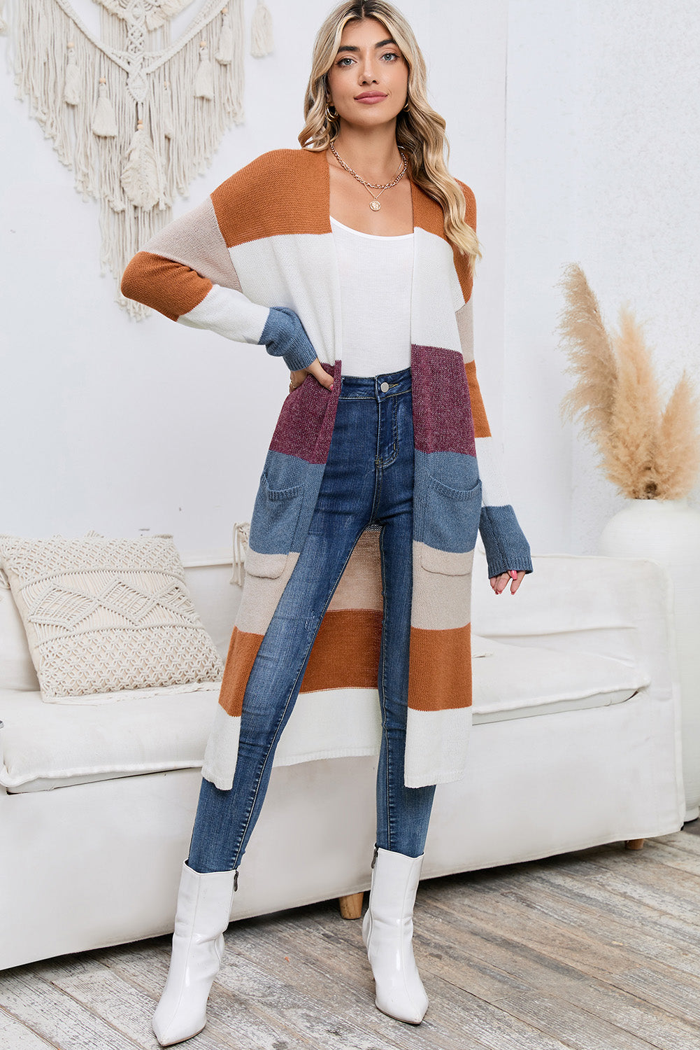 Multicolor Knitted Color Block Open Front Long Cardigan - The Eggy's store