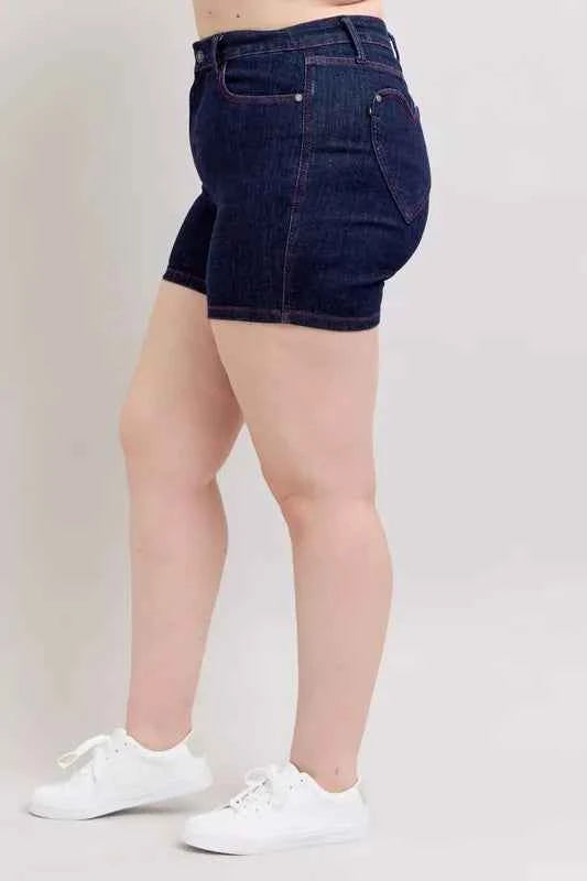 Judy Blue Full Size High Waist Heart Shaped Pkts & Red Contrast Thread Denim Shorts Plus Size