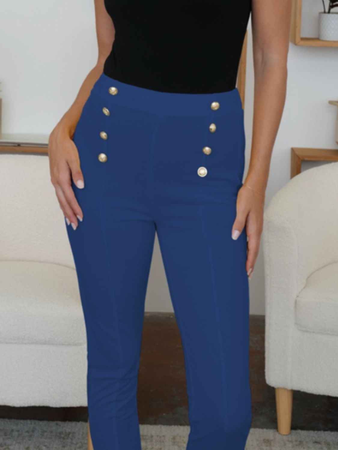 Chic High-Waist Button Detail Skinny Women's Pants