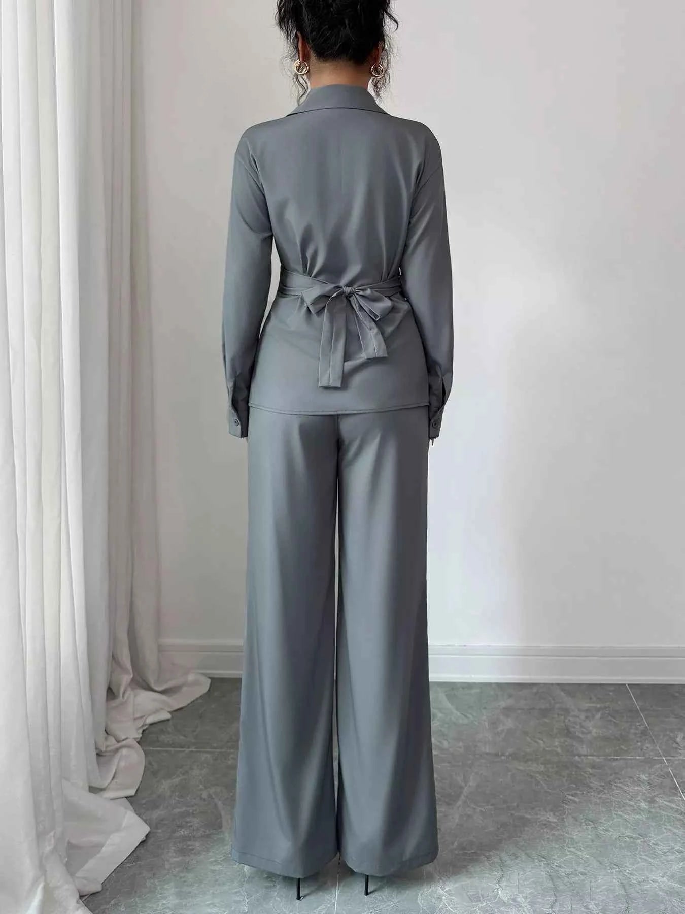 Back Tie Wrap Blazer and Wide Leg Pants Set
