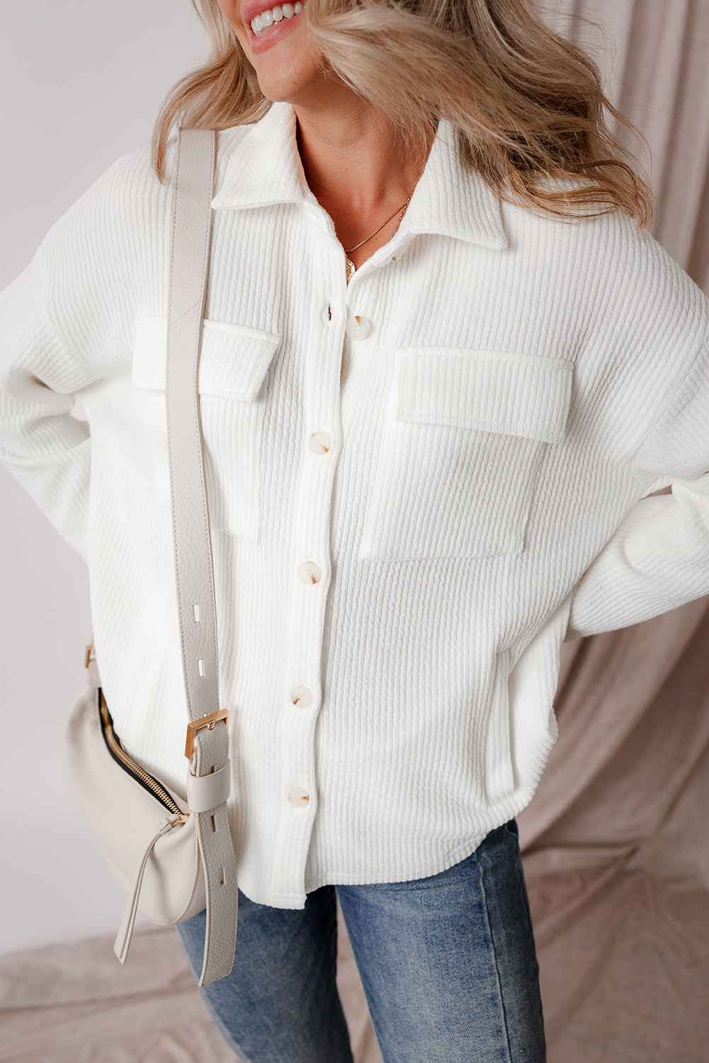 Solid Corduroy Button-Up Long Sleeve Jacket