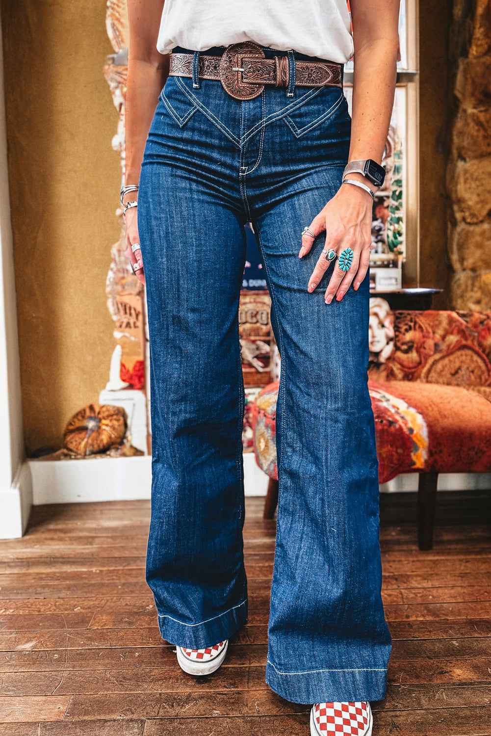 Denim Stitch High-Waist Cuff Jeans