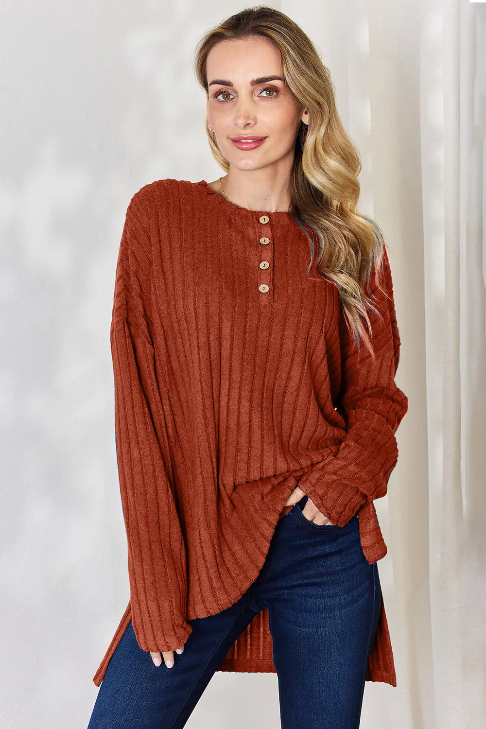 Basic Bae Full Size Ribbed Half Button Long Sleeve High-Low Women's T-Shirt - The Eggy's store