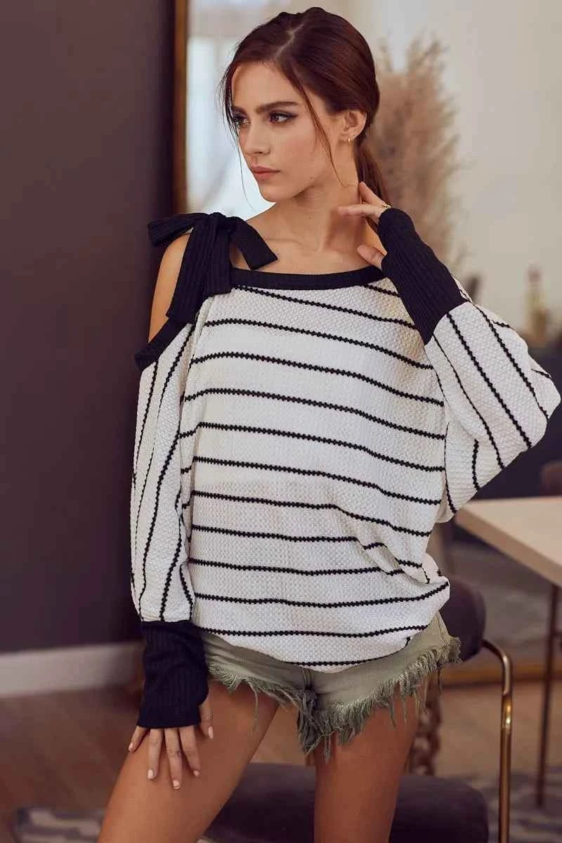 BiBi Stripe Yarn Dye Waffle One Shoulder Ribbon Detail Top