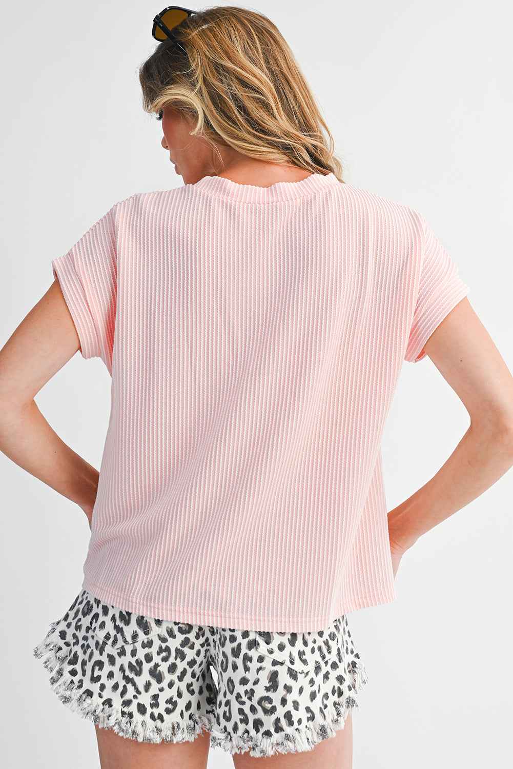 Light Blue Corded Colorblock Pocket Crew Neck T Shirt