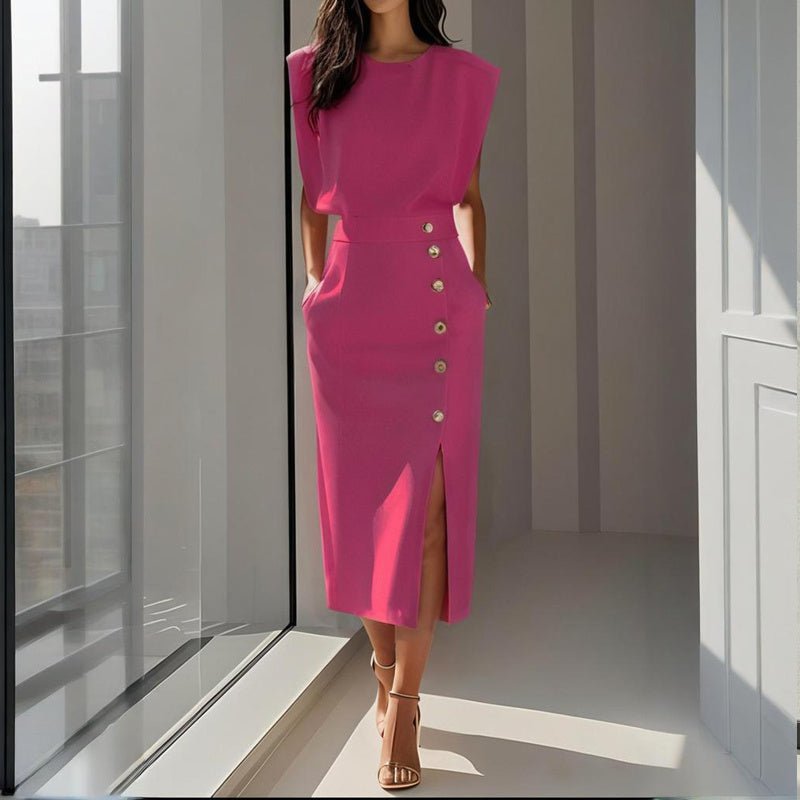 Women's Solid Color Round Neck Short Sleeve Dress With Side Slit, Button & Pockets - A-Line Cinched Waist Summer Casual Office Wear - The Eggy's store