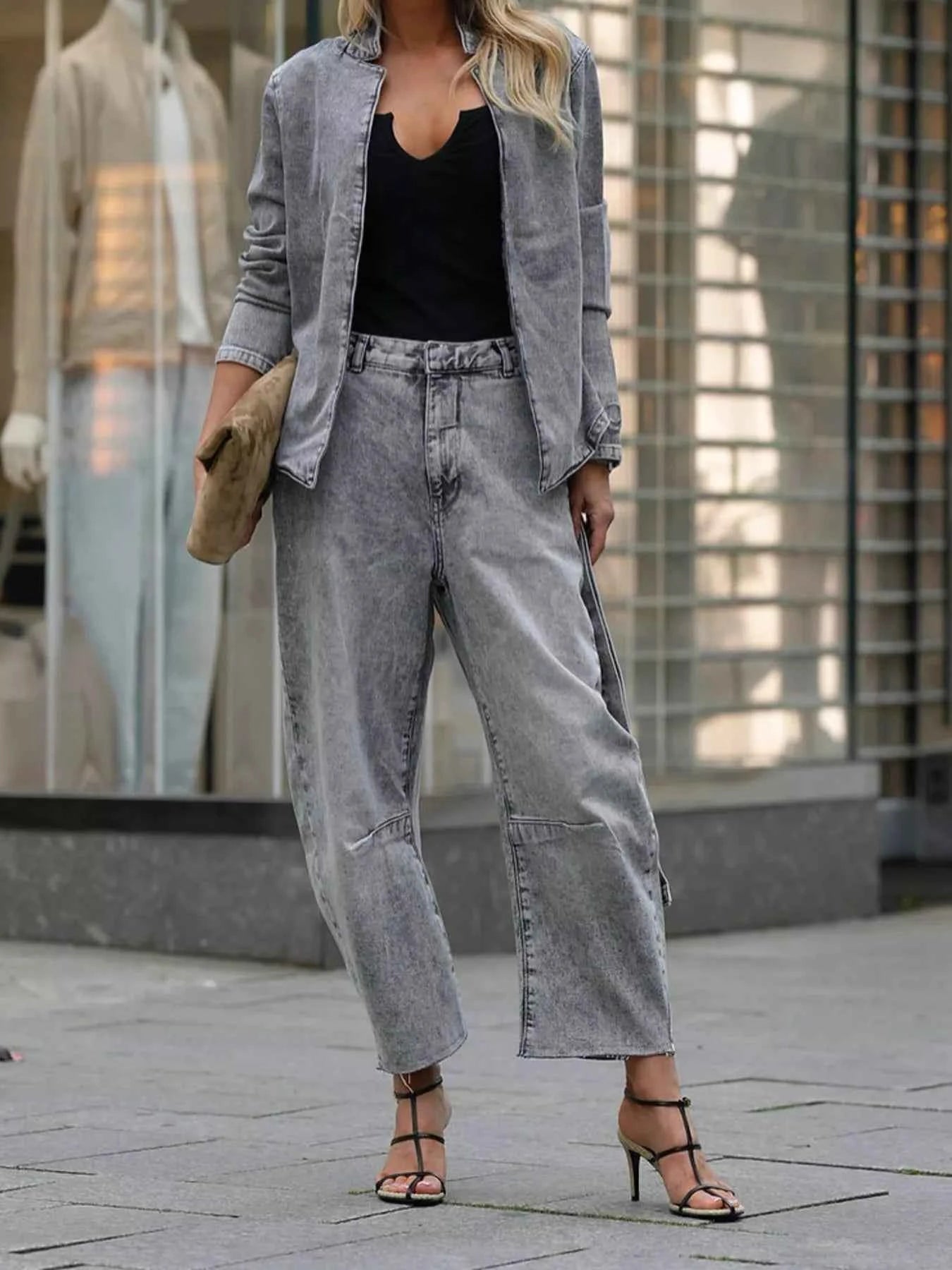 Long Sleeve Top and Wide Leg Jeans Denim Set