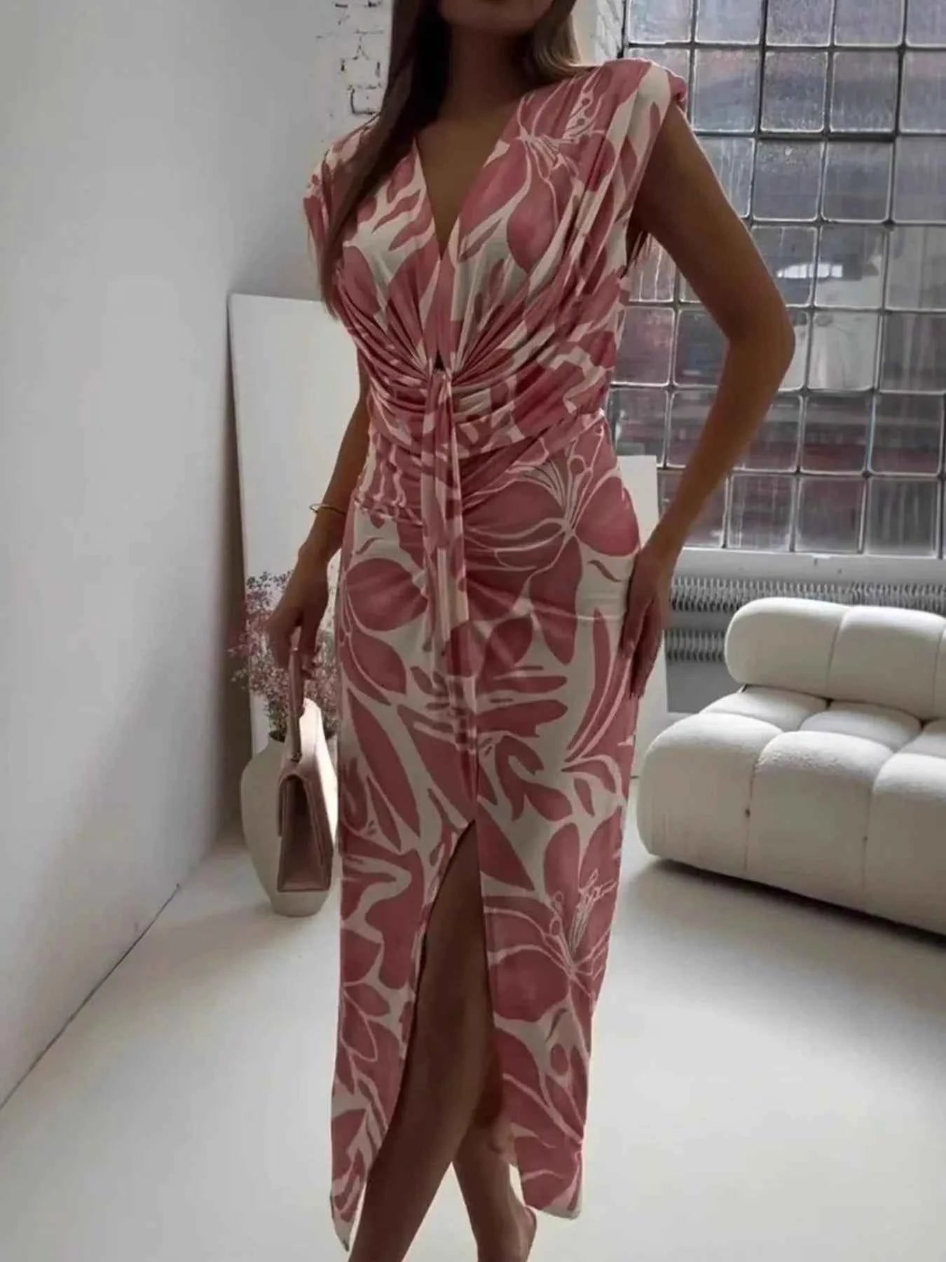 Full Size Slit Printed V-Neck Midi Dress Plus Size