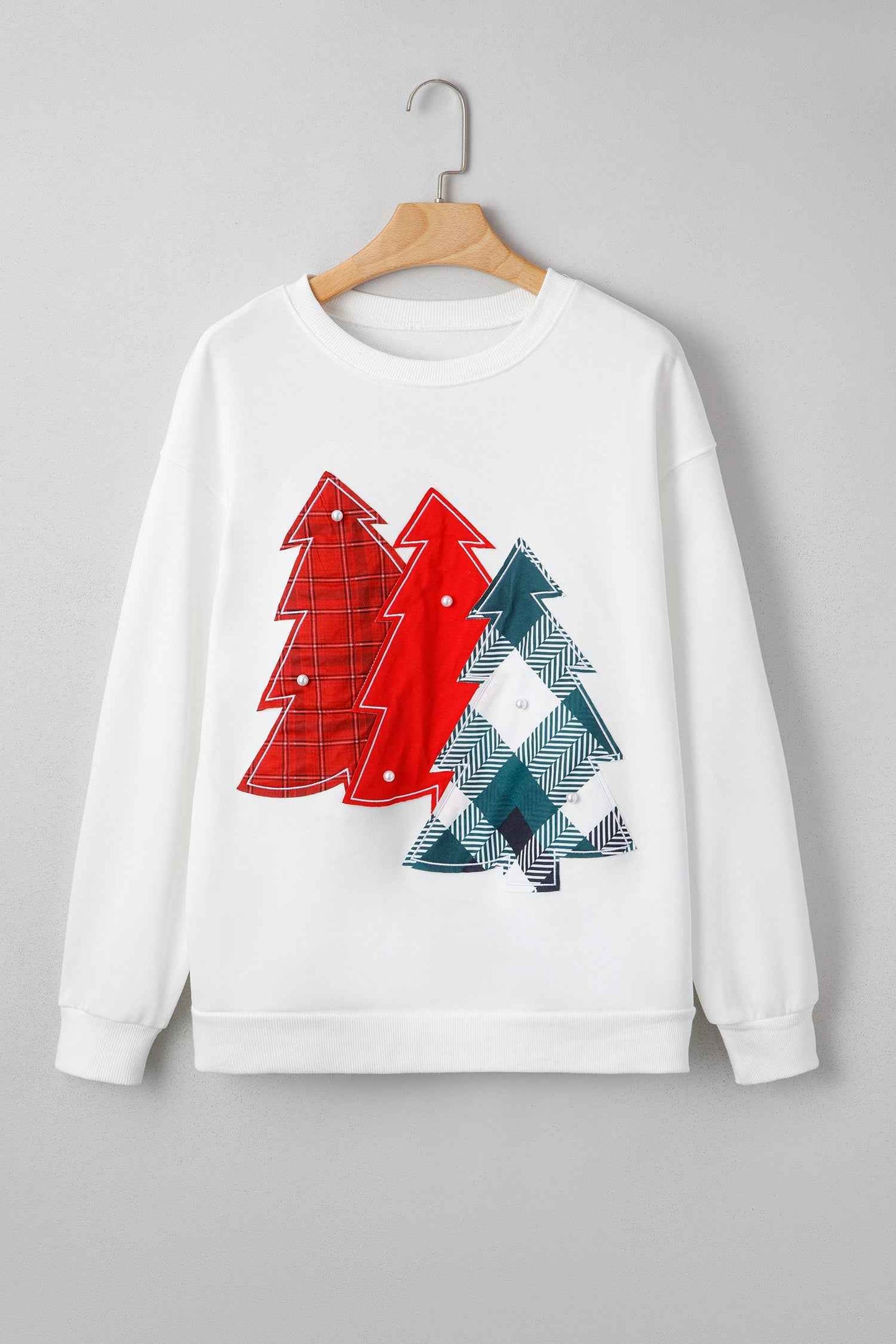 Christmas Tree Pearl Plaid Patch Drop Shoulder Sweatshirt