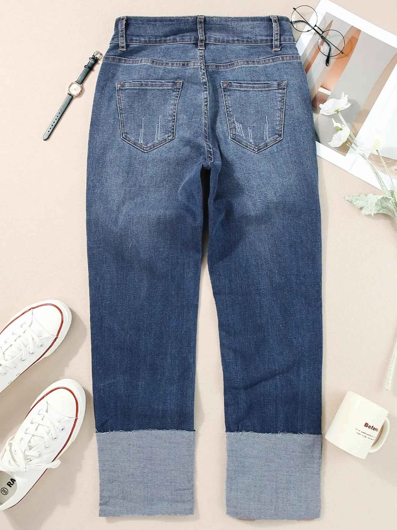 High Waist Distressed Straight Leg Jeans