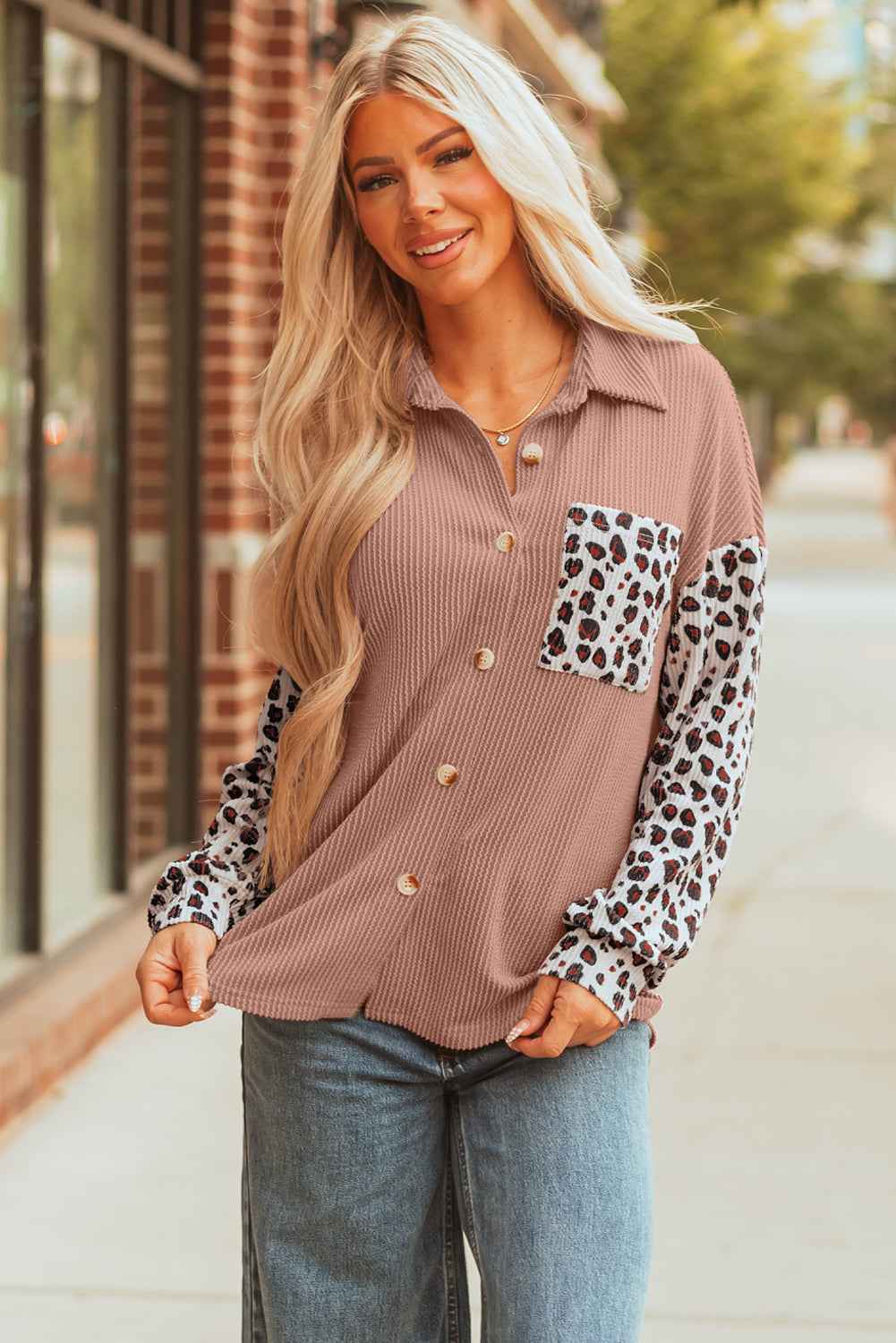 Journee Leopard Ribbed Casual Shacket