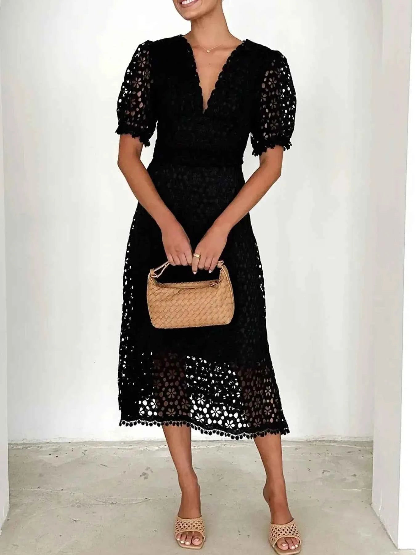 Eyelet Lace V-Neck Midi Dress with Puff Sleeves