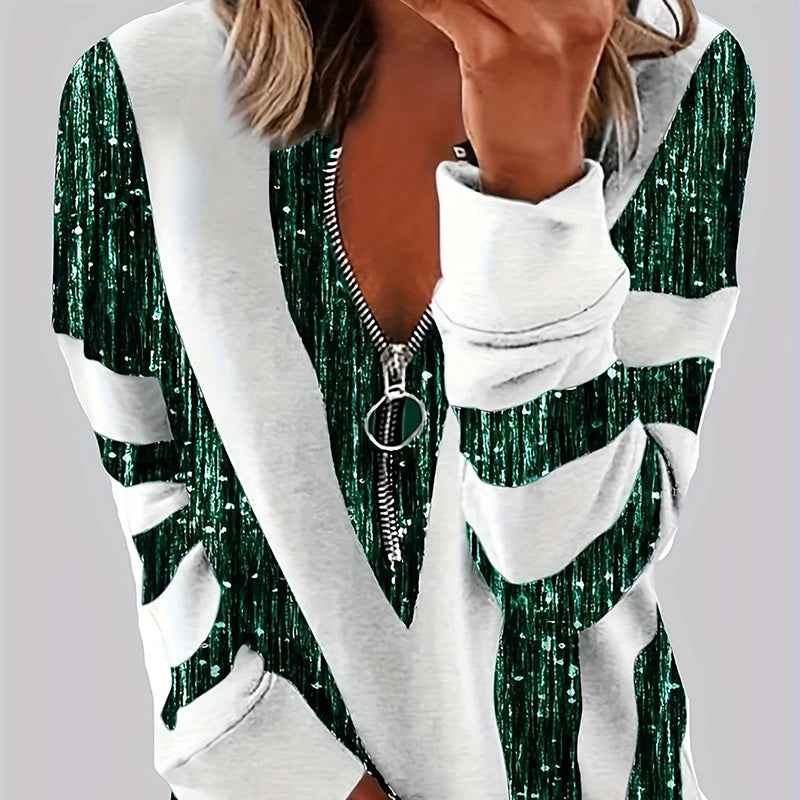 Women's Long Sleeve Shirts Zipper Color Block V Neck Tunic Tops Casual Blouse