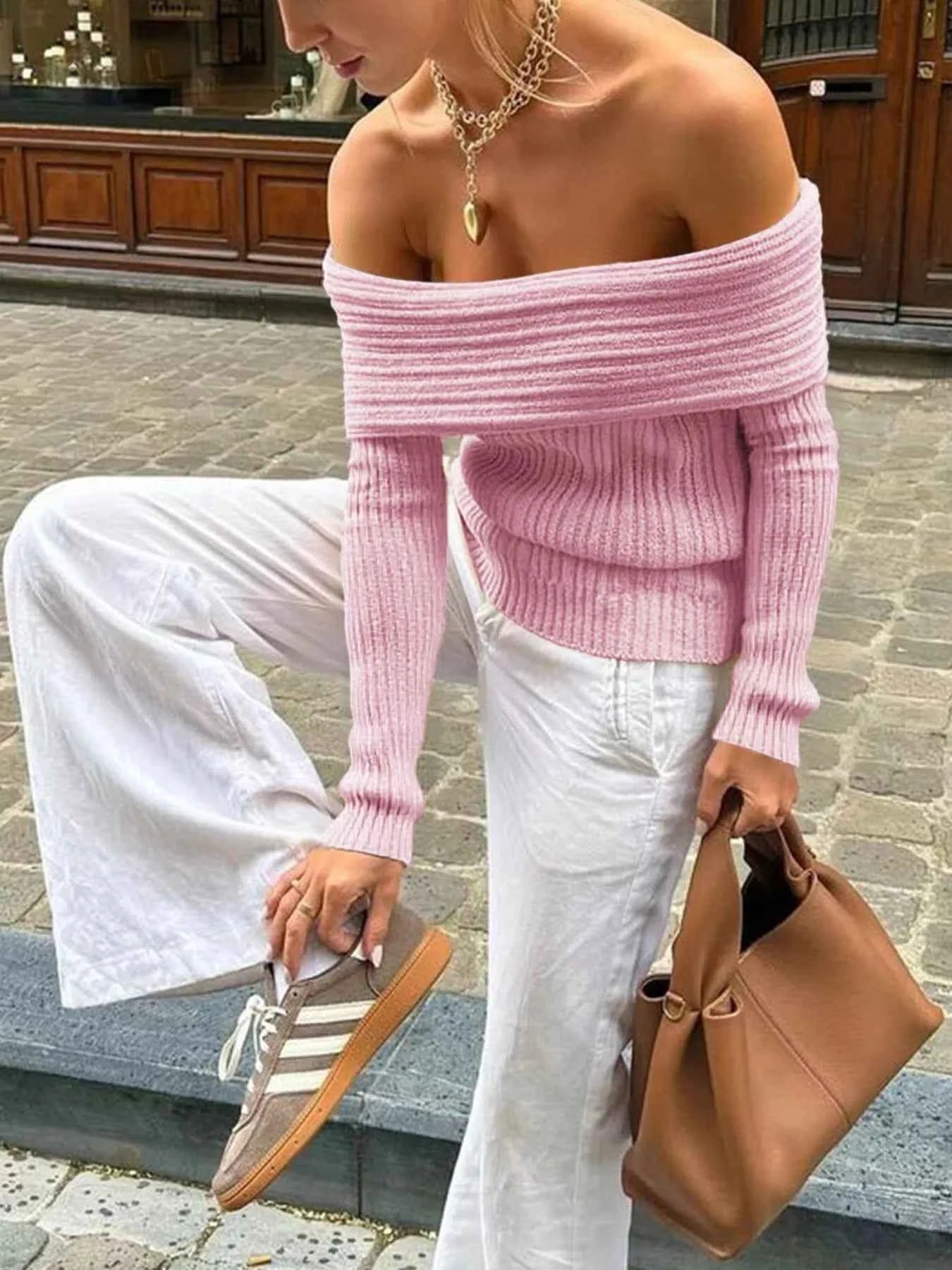 Off-Shoulder Ribbed Knit Sweater