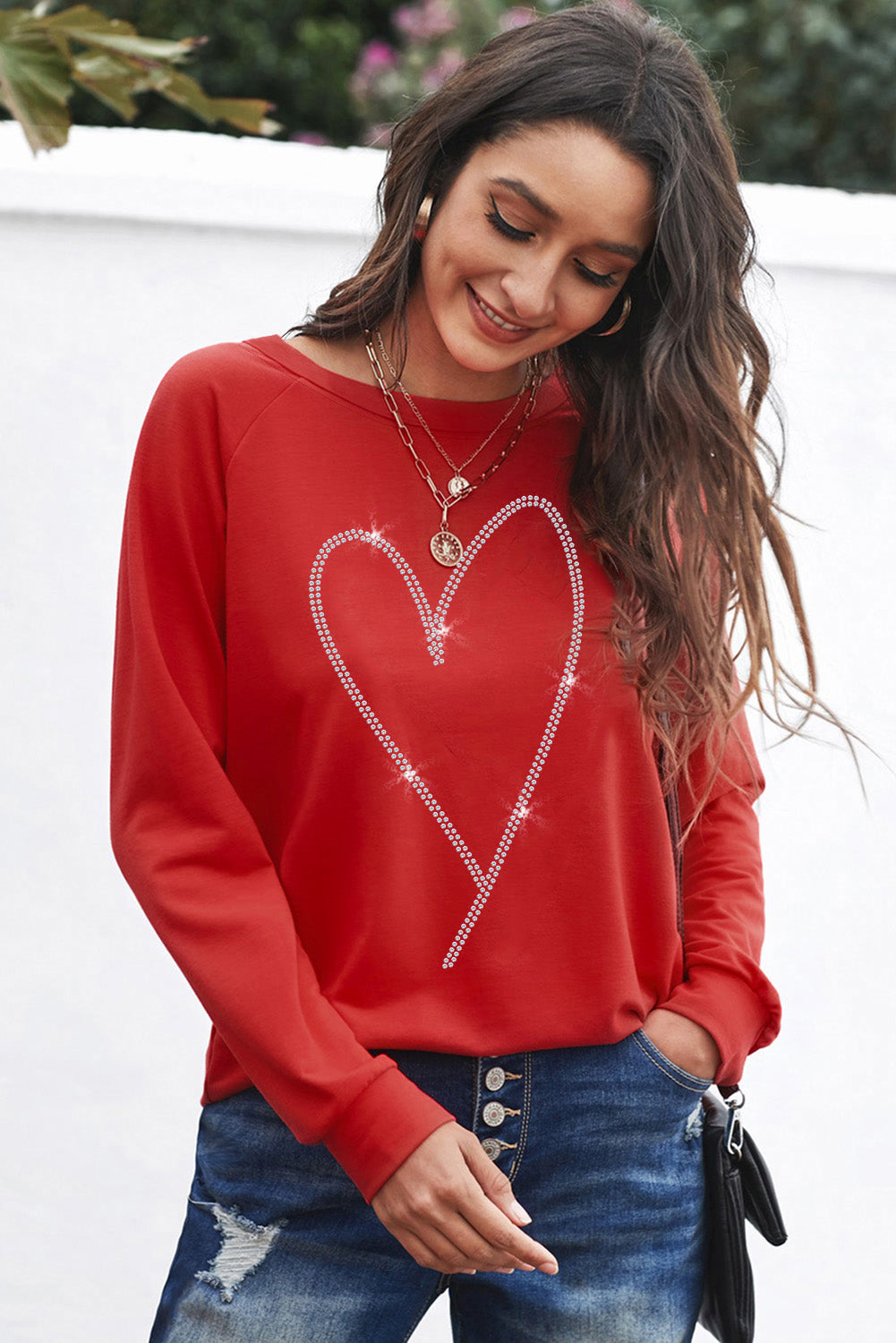 Fiery Red Rhinestone Heart Shaped Long Sleeve Women's Sweatshirt