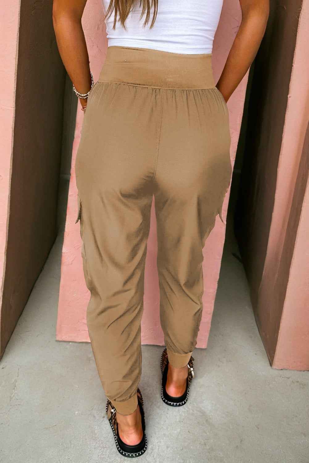 Solid Elastic High Waist Pocketed Cargo Jogger Pants