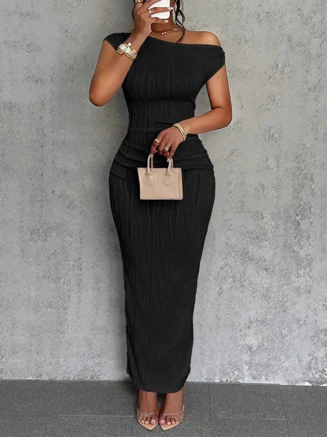 Sculpted Chic One-Shoulder Textured Maxi Dress