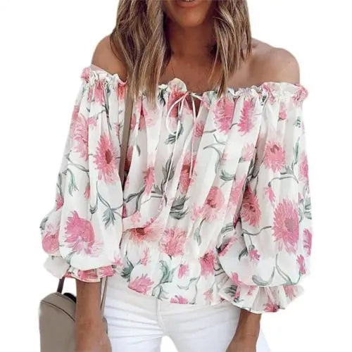 Women's Off-Shoulder Chiffon Print Long Sleeve Women's Top