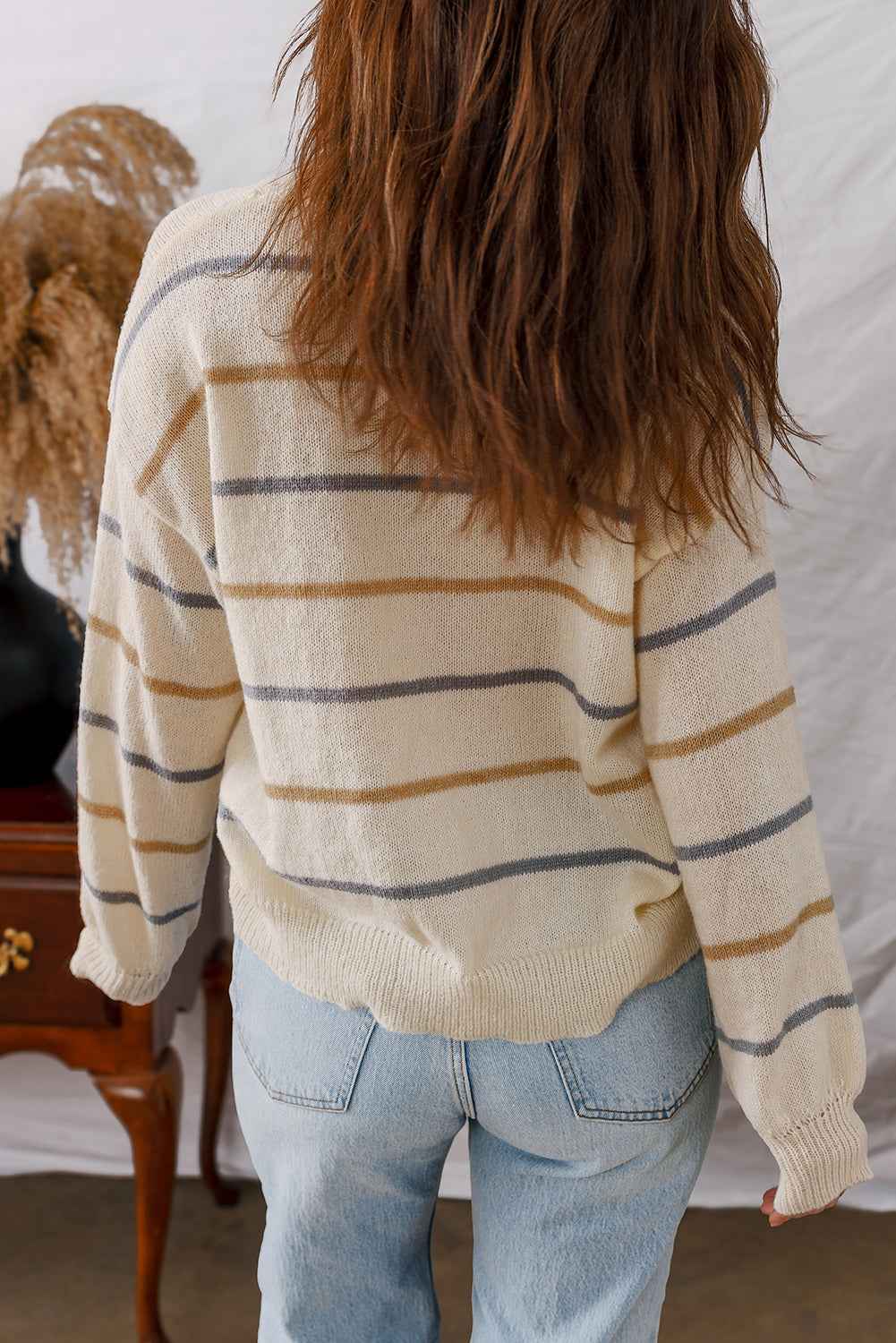 Stripe V-Neck Drop Shoulder Buttoned Cardigan Sweater