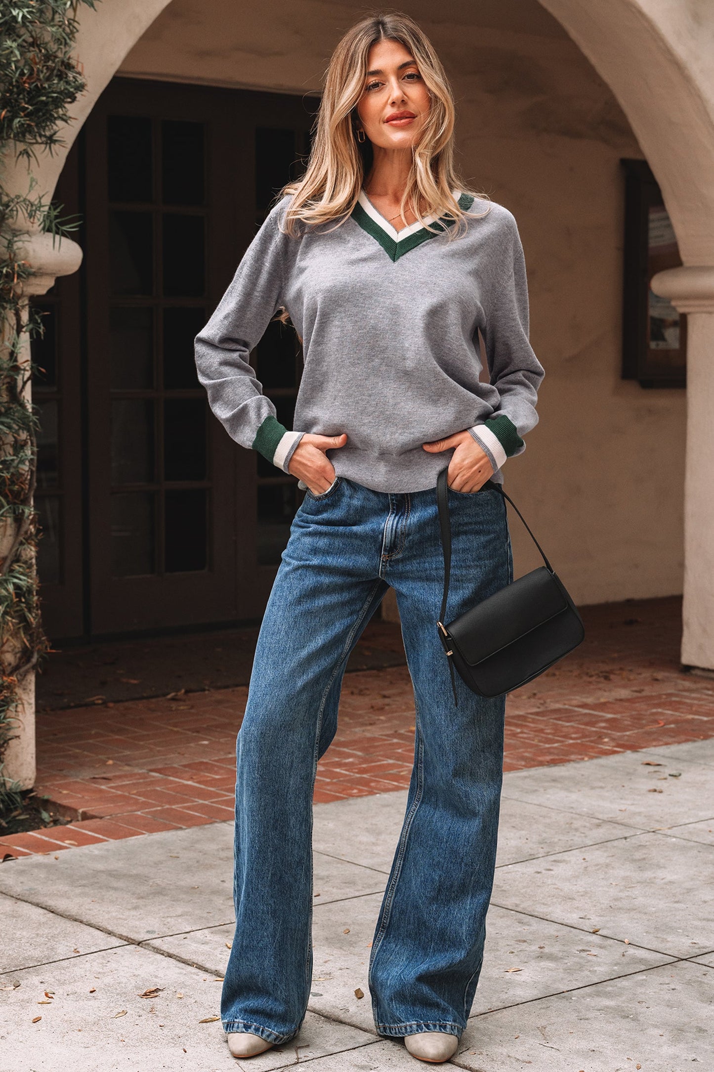 Varsity Stripe Contrast Trim V-Neck Sweater