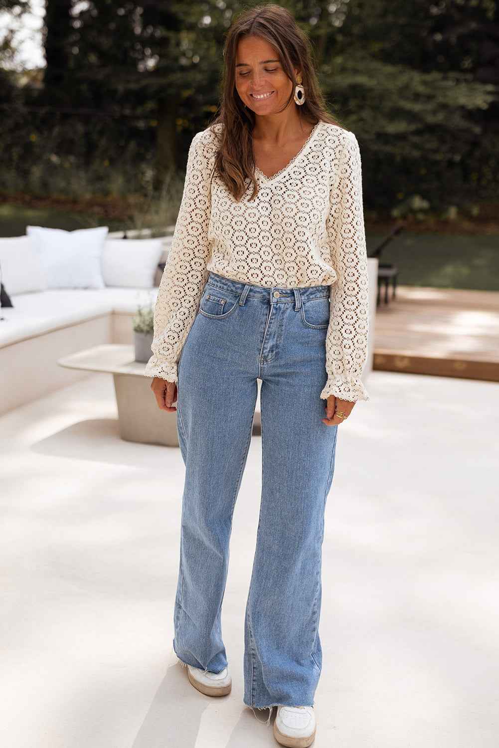 Beige Flower Lace V Neck Puff Sleeve Blouse For Women