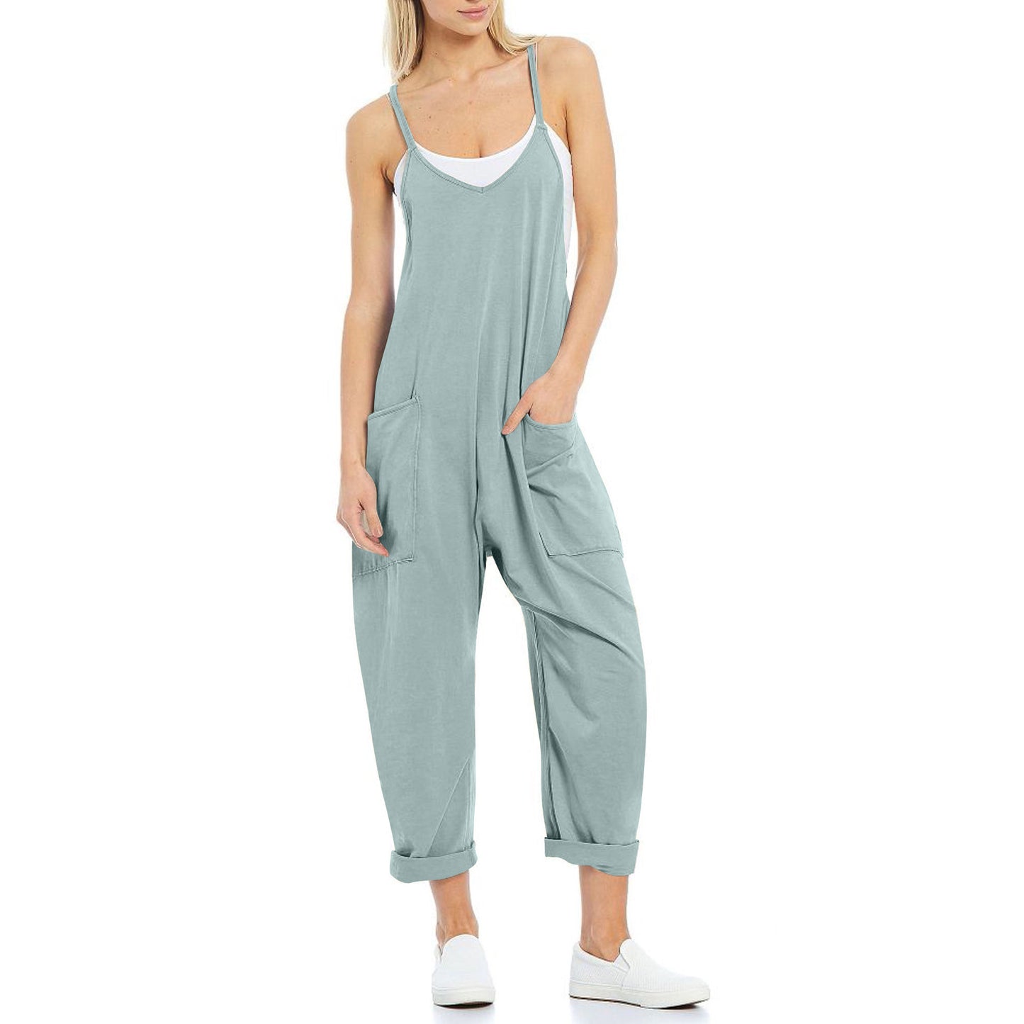 Women's Knitted One-Piece Trousers with Pocket and Spaghetti Straps - The Eggy's store