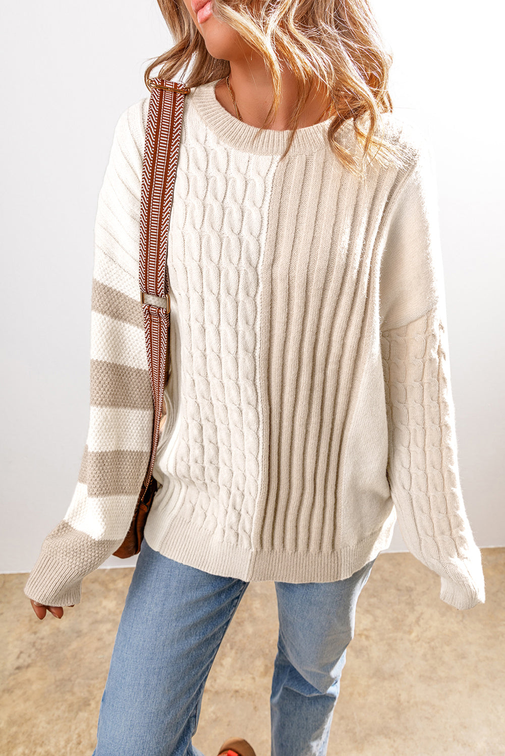Khaki Cable Knit Colorblock Crew Neck Drop Shoulder Sweater - The Eggy's store