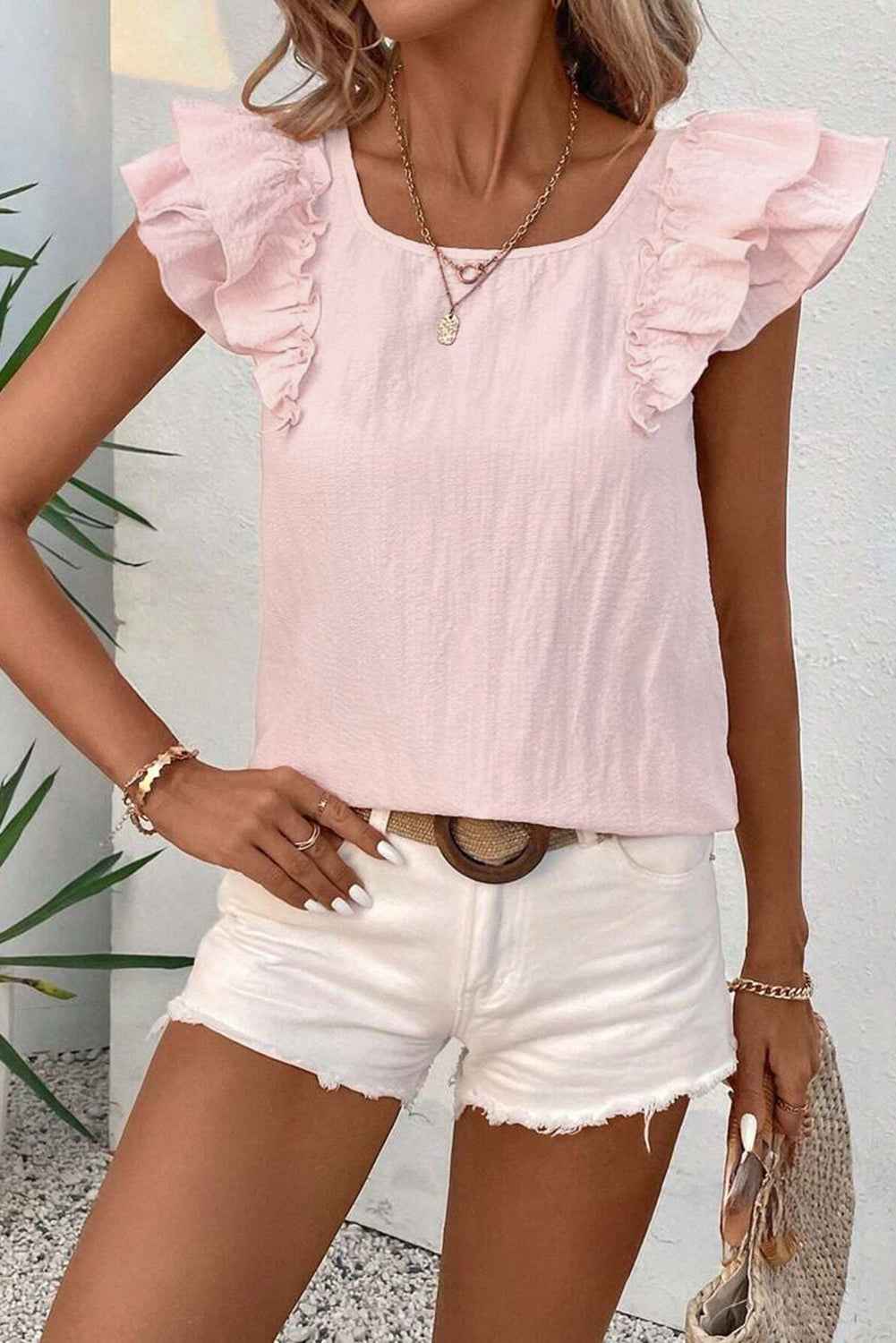 Gossamer Pink Textured Bow Frilled Ruffle Sleeve Blouse