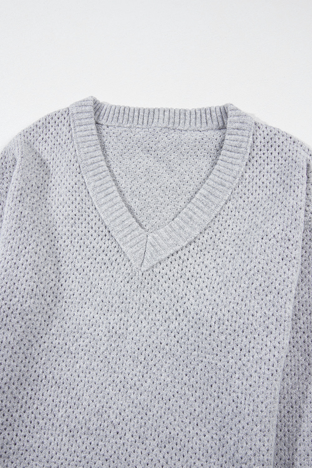 Solid Eyelet V-Neck Drop Shoulder Sweater